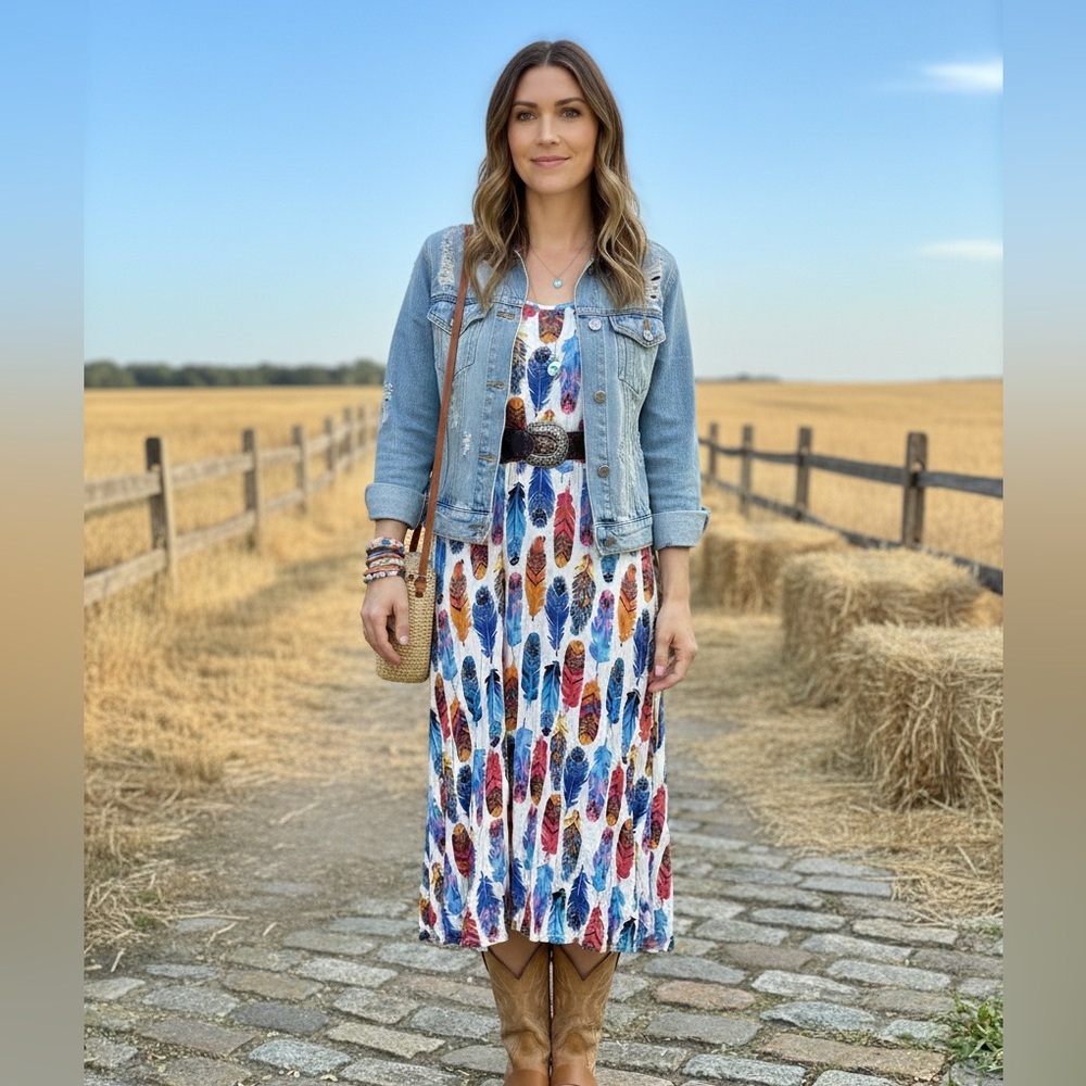 Boho Feather Print Midi Dress – Colorful Summer Sundress